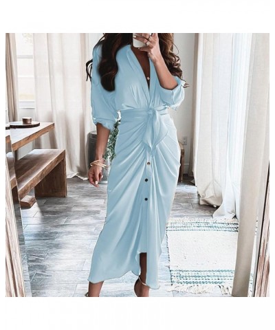 Women's Elegant Satin Maxi Dress Short Sleeves Button Down Shirt Long Dress Casual V Neck Loose Prom Dresses Purple $11.79 Dr...