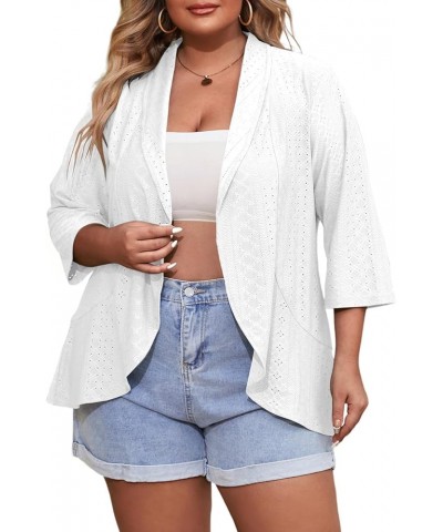 Plus Size Cardigan for Women Lightweight Open Front Eyelet 3/4 Sleeve Dressy Kimono Loose Casual Cover Up Cardigans Tops Whit...