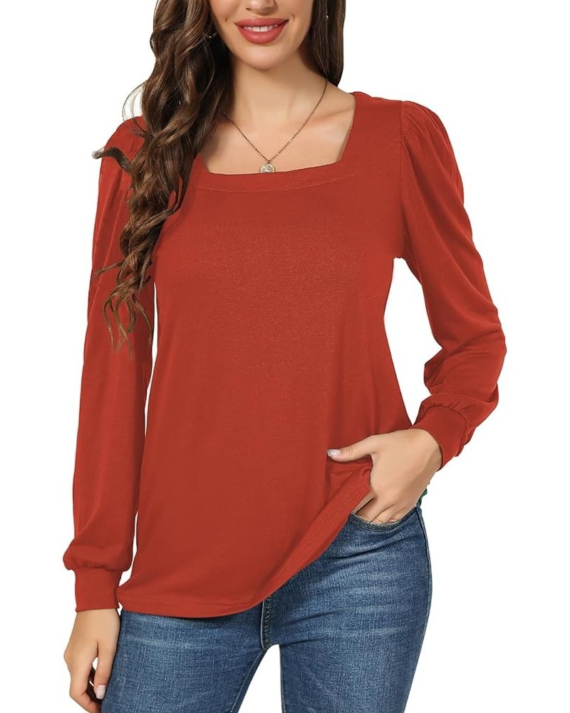 Womens Long Sleeve T Shirts Square Neck Tunic Tops Loose Fit Casual Blouses Orange $8.39 Tops