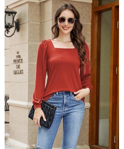 Womens Long Sleeve T Shirts Square Neck Tunic Tops Loose Fit Casual Blouses Orange $8.39 Tops