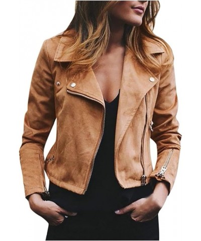 Womens Faux Leather Jacket Classic Zipper Jackets Lapel Collar Outwear Slim Short Overcoat Moto Biker Coat 01 khaki $15.29 Ac...