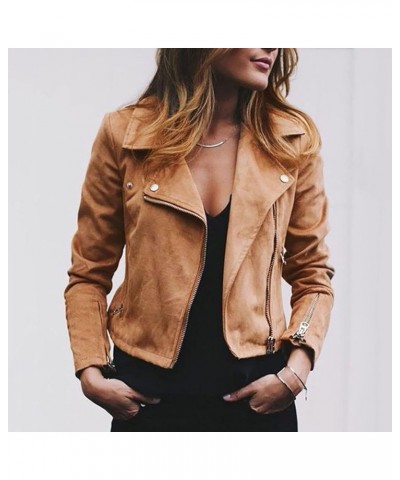 Womens Faux Leather Jacket Classic Zipper Jackets Lapel Collar Outwear Slim Short Overcoat Moto Biker Coat 01 khaki $15.29 Ac...