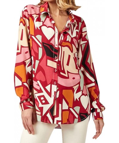 Women Long Sleeve V Neck Shirt Dress Tunic Top Casual Fashion Sexy Printed Button Down Blouse Khaki Red $8.54 Blouses