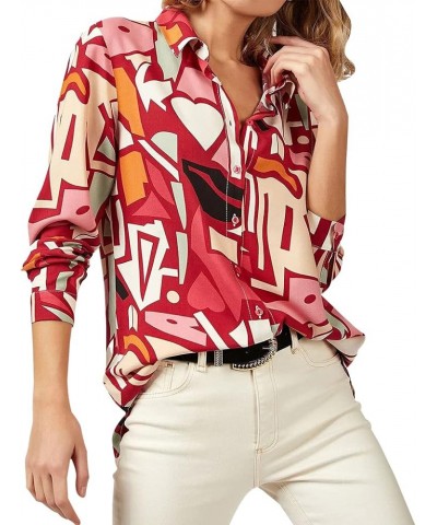 Women Long Sleeve V Neck Shirt Dress Tunic Top Casual Fashion Sexy Printed Button Down Blouse Khaki Red $8.54 Blouses