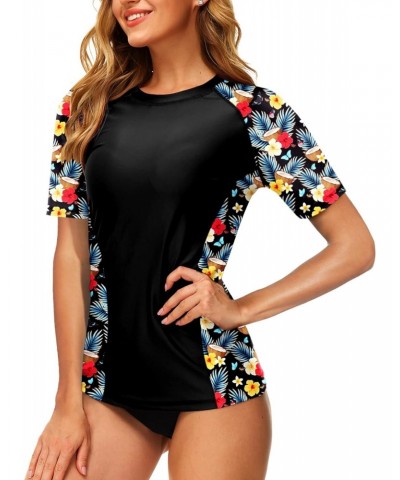 Short Sleeve Swim Shirt for Women Beach Tropical Floral Printed Surfing Swimsuit Top Yellow Floral L $11.34 Swimsuits