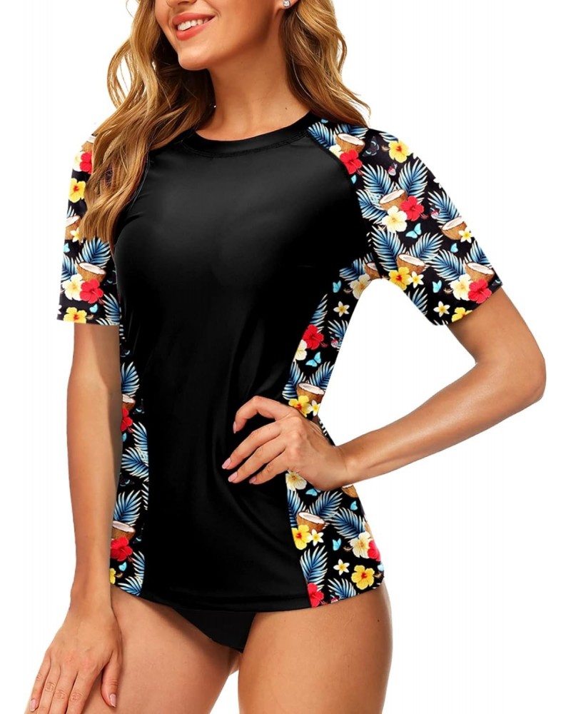 Short Sleeve Swim Shirt for Women Beach Tropical Floral Printed Surfing Swimsuit Top Yellow Floral L $11.34 Swimsuits