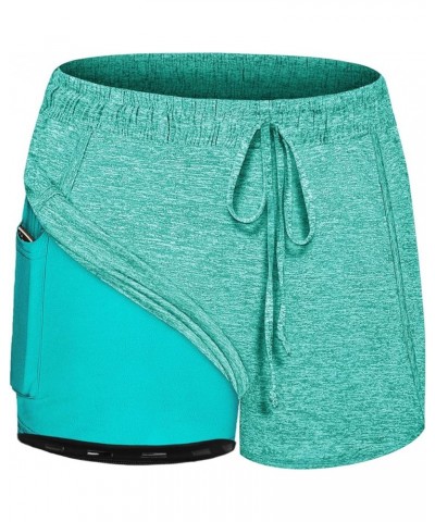 Women Yoga Running Shorts 2 in 1 Workout Athletic Shorts with Pockets S-3XL Green Non-slip Belt $15.68 Activewear