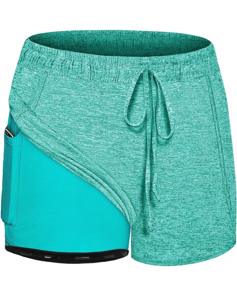 Women Yoga Running Shorts 2 in 1 Workout Athletic Shorts with Pockets S-3XL Green Non-slip Belt $15.68 Activewear