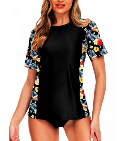 Short Sleeve Swim Shirt for Women Beach Tropical Floral Printed Surfing Swimsuit Top Yellow Floral L $11.34 Swimsuits