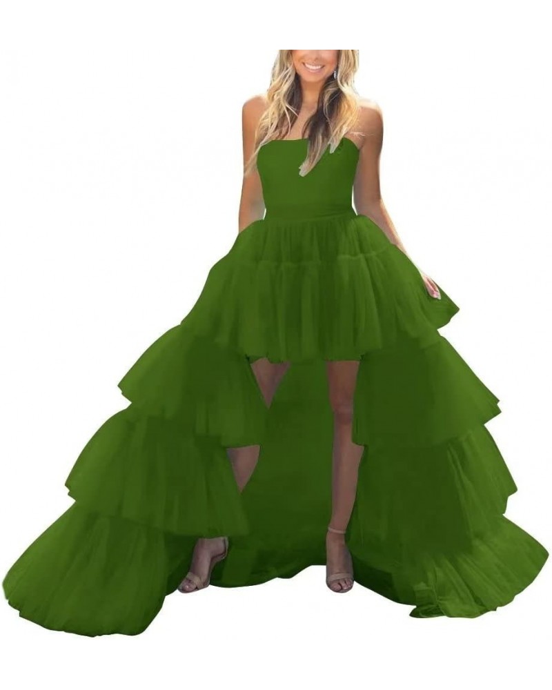 Women's High Low Prom Dresses Tulle Strapless Tiered Evening Ball Gown Formal Evening Party Gowns Olive $41.58 Dresses