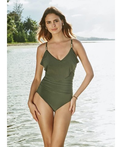 Women's Swimwear Solid Isabel Tummy Control Ruffle Front Soft Cup One Piece Swimsuit Military $83.26 Swimsuits