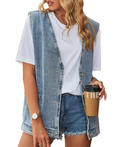 Women’s Vintage Washed Distressed Denim Vest Loose Mid Long Jean Vest Casual Sleeveless Denim Jacket Blue-3 $23.32 Jackets