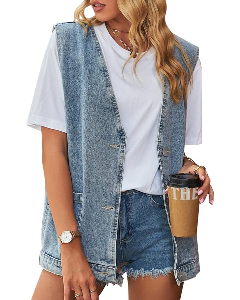 Women’s Vintage Washed Distressed Denim Vest Loose Mid Long Jean Vest Casual Sleeveless Denim Jacket Blue-3 $23.32 Jackets