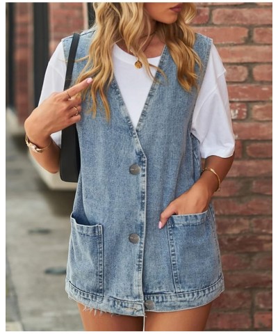 Women’s Vintage Washed Distressed Denim Vest Loose Mid Long Jean Vest Casual Sleeveless Denim Jacket Blue-3 $23.32 Jackets