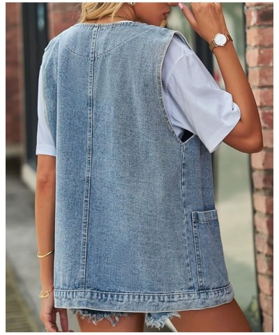 Women’s Vintage Washed Distressed Denim Vest Loose Mid Long Jean Vest Casual Sleeveless Denim Jacket Blue-3 $23.32 Jackets