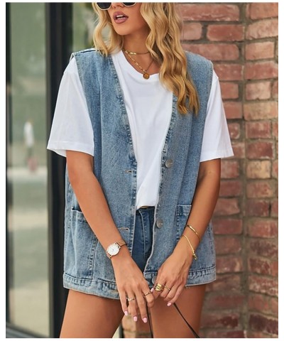 Women’s Vintage Washed Distressed Denim Vest Loose Mid Long Jean Vest Casual Sleeveless Denim Jacket Blue-3 $23.32 Jackets