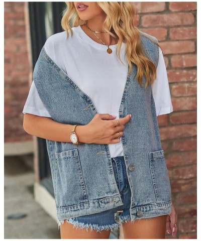 Women’s Vintage Washed Distressed Denim Vest Loose Mid Long Jean Vest Casual Sleeveless Denim Jacket Blue-3 $23.32 Jackets