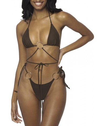 Women Halter String Bikini Set Sexy Thong Cheeky Two Piece Swimsuits Solid Color Bathing Swimwear Brown $12.40 Swimsuits