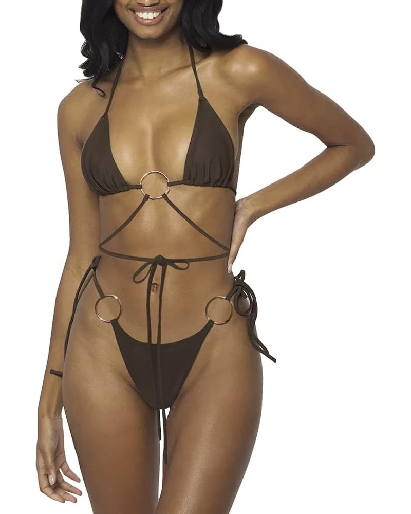 Women Halter String Bikini Set Sexy Thong Cheeky Two Piece Swimsuits Solid Color Bathing Swimwear Brown $12.40 Swimsuits