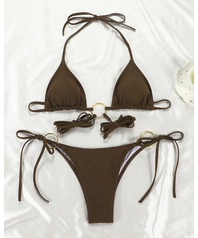 Women Halter String Bikini Set Sexy Thong Cheeky Two Piece Swimsuits Solid Color Bathing Swimwear Brown $12.40 Swimsuits