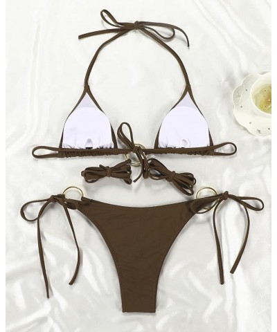 Women Halter String Bikini Set Sexy Thong Cheeky Two Piece Swimsuits Solid Color Bathing Swimwear Brown $12.40 Swimsuits