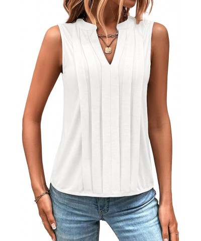 Women's Casual Notched V Neck Pleated Sleeveless Summer Blouse Shirt Tank Top White $13.99 Tanks