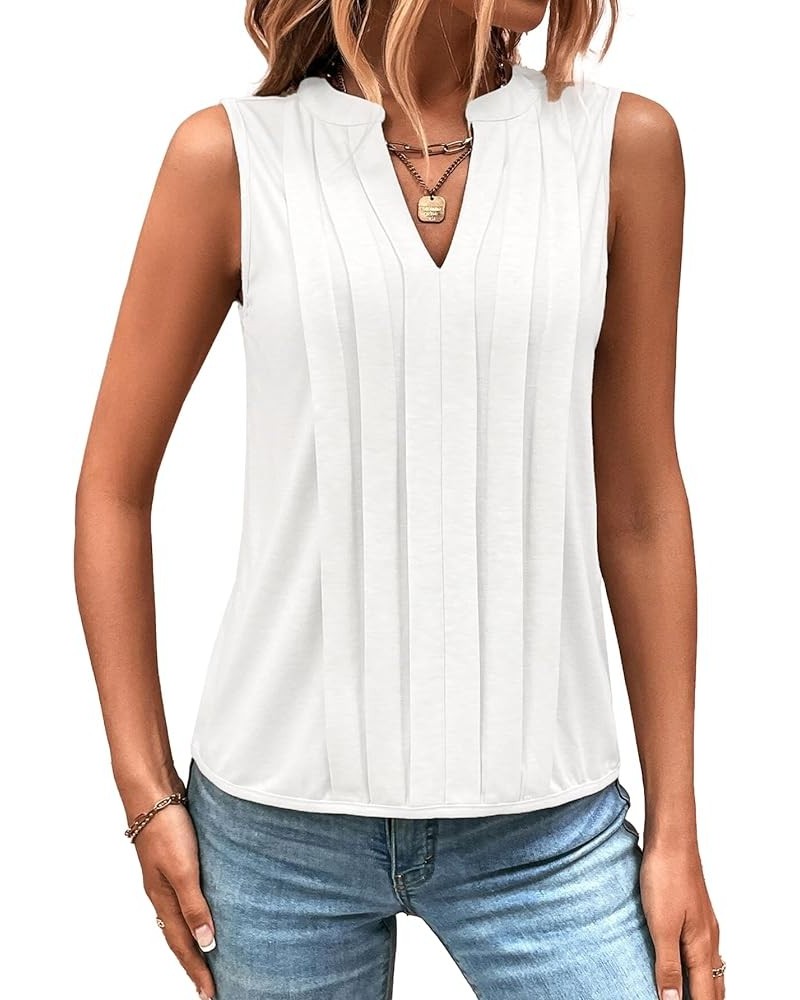 Women's Casual Notched V Neck Pleated Sleeveless Summer Blouse Shirt Tank Top White $13.99 Tanks