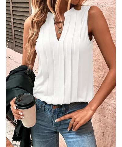 Women's Casual Notched V Neck Pleated Sleeveless Summer Blouse Shirt Tank Top White $13.99 Tanks