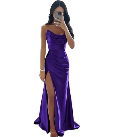 Women's Silk Satin Bridesmaid Dresses for Wedding Long Mermaid Formal Evening Gown with Slit Purple $34.19 Dresses