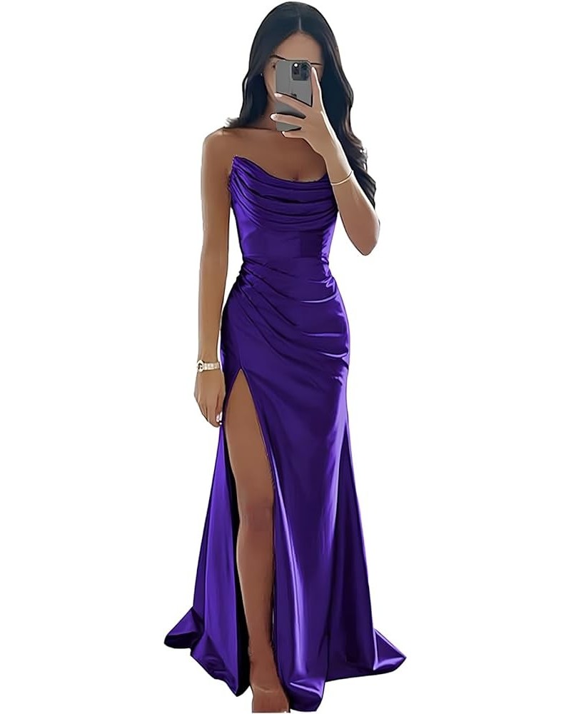 Women's Silk Satin Bridesmaid Dresses for Wedding Long Mermaid Formal Evening Gown with Slit Purple $34.19 Dresses