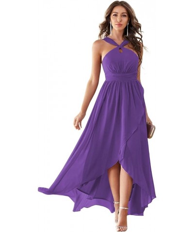 High Low Chiffon Bridesmaid Dresses Open Back A Line Maxi Evening Party Gowns for Women Formal Wedding 2022 Purple $45.84 Dre...