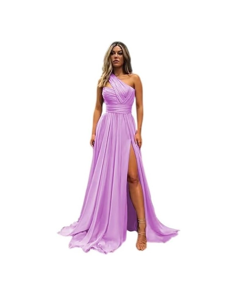 Women's One Shoulder Bridesmaid Dresses for Wedding Long Chiffon A-Line Slit Formal Evening Gown Lilac $29.14 Dresses