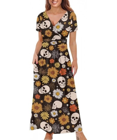 Women Short Sleeve Deep V-Neck Casual Long Dress Maxi Dresses with Pockets Skull Flowers $17.48 Dresses