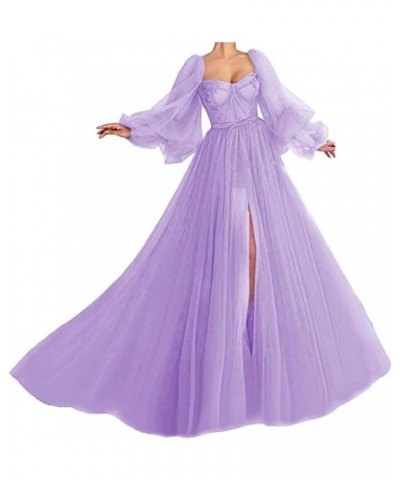 Puffy Sleeve Prom Dress Long Sweetheart Tulle Ball Gown Junior Princess Wedding Formal Evening Gowns with Split Lilac $41.33 ...