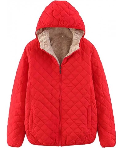 Women's Quilted Diamond Parkas Jackets Winter Fleece Lined Hooded Coats Fashion Casual Zip Up Outdoor Anoraks Red $9.84 Jackets