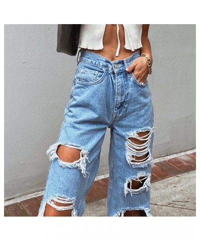 Womans Jeans, Womens Casual Jeans Distressed Pocket Blue Jeans Straight Wide Leg Denim Pants Ta1-black $11.95 Jeans