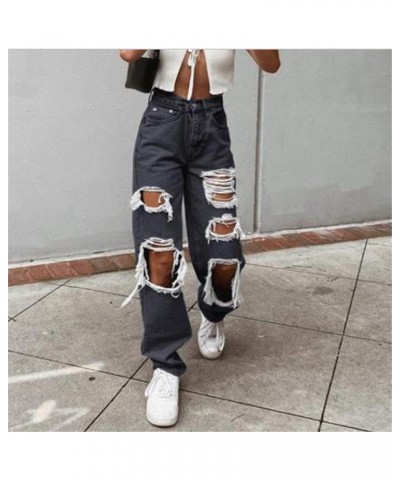 Womans Jeans, Womens Casual Jeans Distressed Pocket Blue Jeans Straight Wide Leg Denim Pants Ta1-black $11.95 Jeans