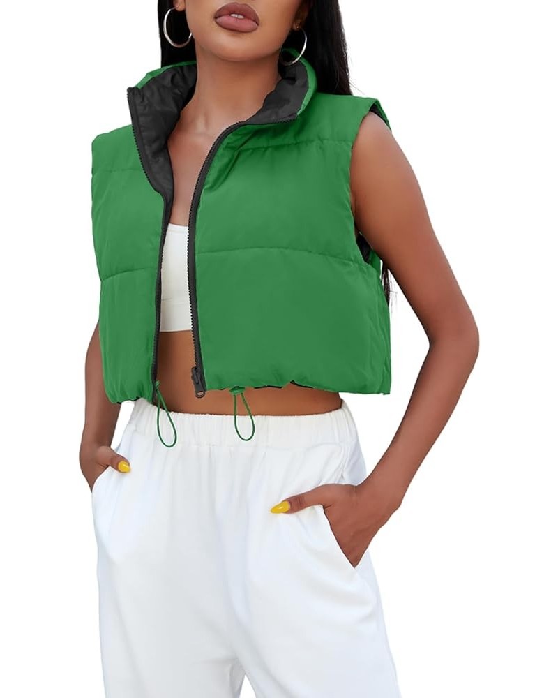 Womens Cropped Puffer Vest Lightweight Sleeveless Zip Up Y2K Puffy Vests Crop Tops Green $16.14 Vests