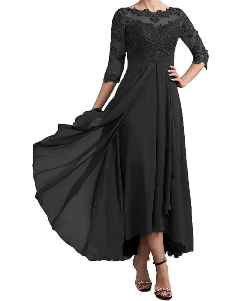 Women's 3/4 Sleeves Mother of The Bride Dresses Tea Length Lace Appliques Chiffon Formal Gowns Zip Closure Black $51.14 Dresses