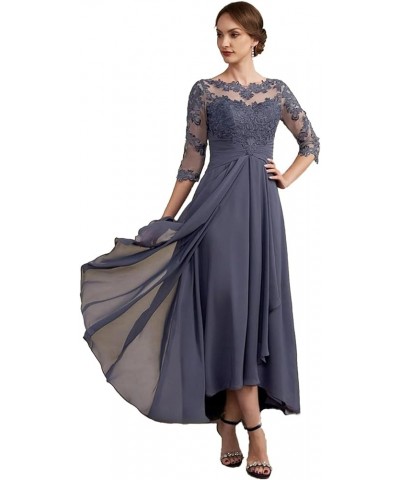 Women's 3/4 Sleeves Mother of The Bride Dresses Tea Length Lace Appliques Chiffon Formal Gowns Zip Closure Black $51.14 Dresses