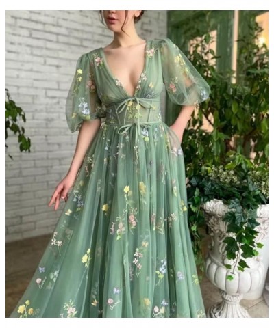 Flower Embroidery Tulle Puffy Sleeve Prom Dresses Long A Line Fairy Maxi Formal Evening Party Gowns for Women Floor Length03-...