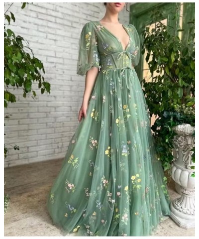 Flower Embroidery Tulle Puffy Sleeve Prom Dresses Long A Line Fairy Maxi Formal Evening Party Gowns for Women Floor Length03-...