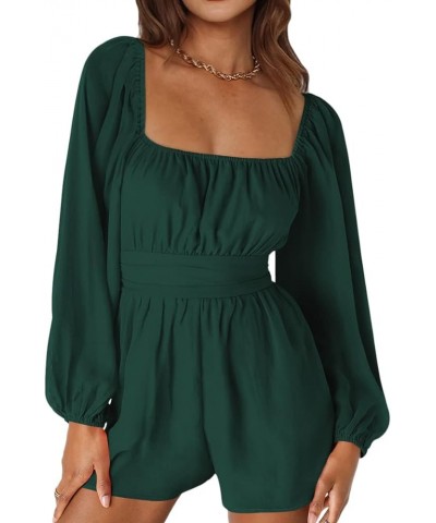 Rompers for Women Summer - Tie-Back Square Neck Long Sleeve Romper Shorts Jumpsuit Playsuit Dark Green $8.84 Jumpsuits