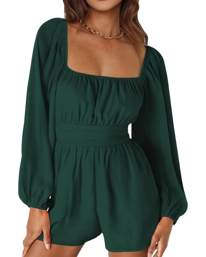 Rompers for Women Summer - Tie-Back Square Neck Long Sleeve Romper Shorts Jumpsuit Playsuit Dark Green $8.84 Jumpsuits