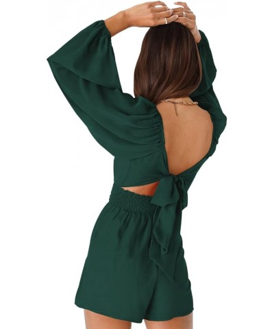 Rompers for Women Summer - Tie-Back Square Neck Long Sleeve Romper Shorts Jumpsuit Playsuit Dark Green $8.84 Jumpsuits