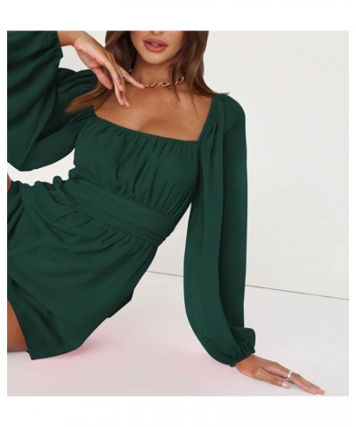 Rompers for Women Summer - Tie-Back Square Neck Long Sleeve Romper Shorts Jumpsuit Playsuit Dark Green $8.84 Jumpsuits