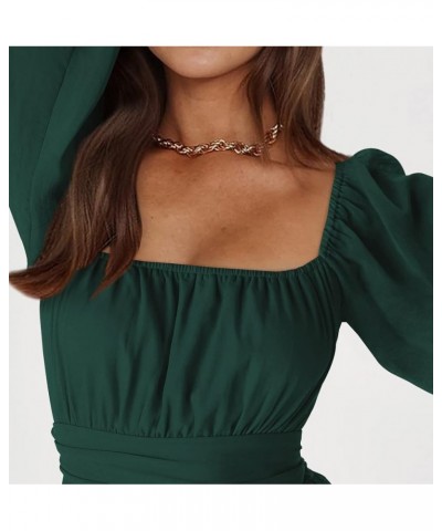 Rompers for Women Summer - Tie-Back Square Neck Long Sleeve Romper Shorts Jumpsuit Playsuit Dark Green $8.84 Jumpsuits