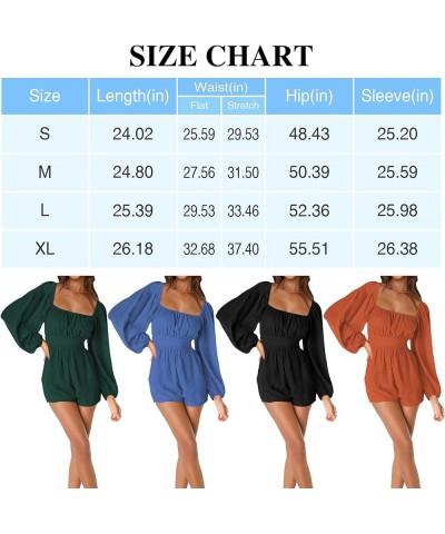 Rompers for Women Summer - Tie-Back Square Neck Long Sleeve Romper Shorts Jumpsuit Playsuit Dark Green $8.84 Jumpsuits