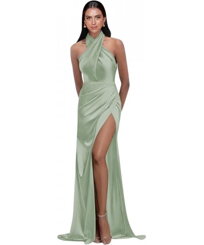 Halter Satin Bridesmaid Dresses for Women Long Split Formal Wedding Guest Prom Dress Sage Green $32.39 Others