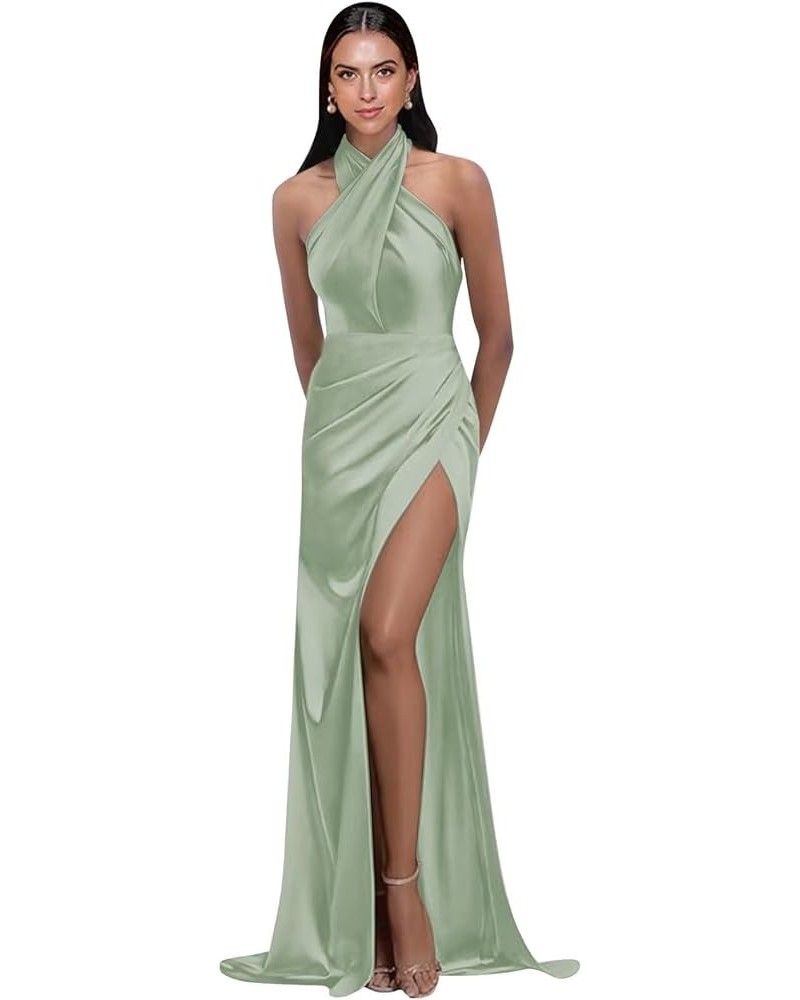 Halter Satin Bridesmaid Dresses for Women Long Split Formal Wedding Guest Prom Dress Sage Green $32.39 Others